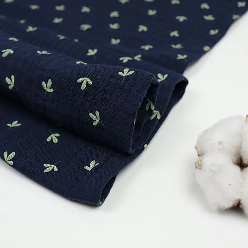 Bio Double Gauze Navy Mit Blättern 1 Bio Double Gauze Navy Mit Blättern