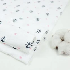 Bio Double Gauze Weiß Mit Anker Und Herzen