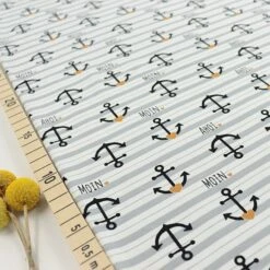 Bio Jersey Motiv Goldanker Von Stoffonkel In Weiß Grau Gestreift