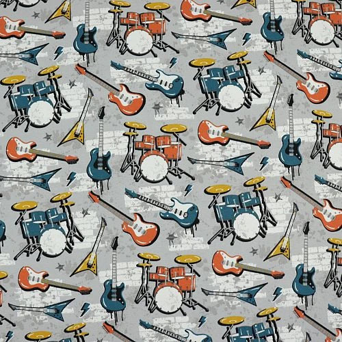 Bio Jersey Motiv Music Mit E-Gitarre Und Schalgzeug Von Stoffonkel In Grau 2 Bio Jersey Motiv Music Mit E-Gitarre Und Schalgzeug Von Stoffonkel In Grau – Bild 2